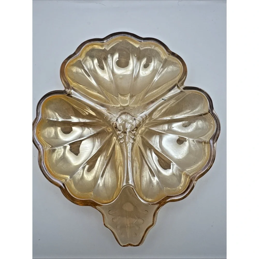 Vintage Jeanette Marigold Carnival Glass 3 Leaf Clover Shaped Candy‎ Dish Set 2